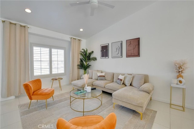 82235 Calico Ave, Indio, CA 92201 - tiled living area with vaulted ceiling, a ceiling fan, recessed lighting, and baseboards