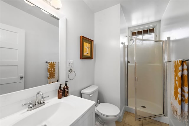 full bath with toilet, vanity, a stall shower, and tile patterned floors
