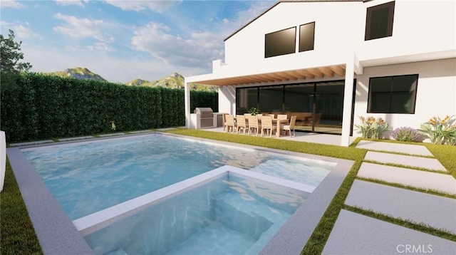 view of pool with a pool with connected hot tub, fence, and a patio