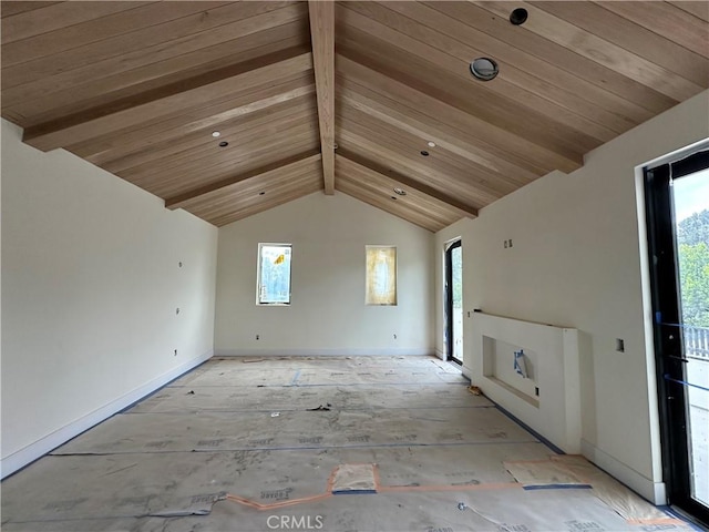 unfurnished living room with vaulted ceiling with beams, wooden ceiling, and baseboards