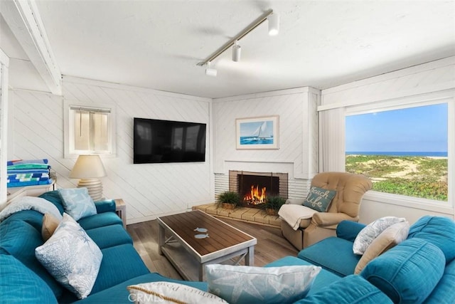 living room with a brick fireplace and wood finished floors