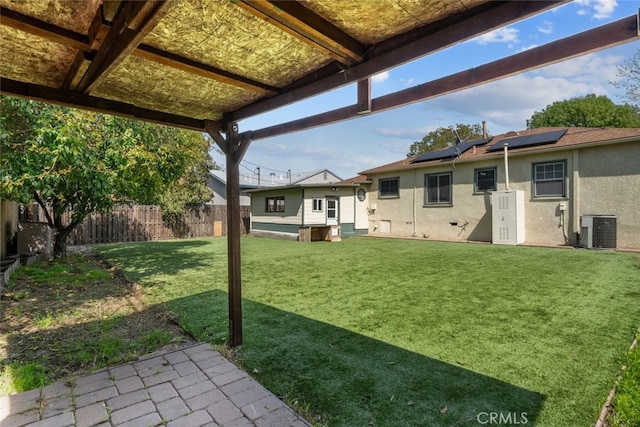 view of yard with central AC unit and a fenced backyard