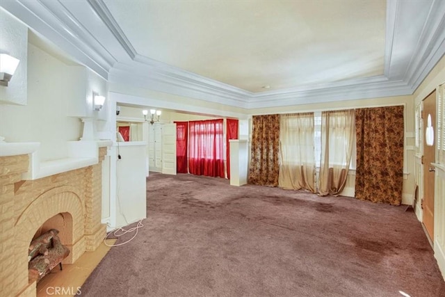 3417 4th Ave, Los Angeles, CA 90018 - unfurnished living room featuring crown molding, an inviting chandelier, and carpet