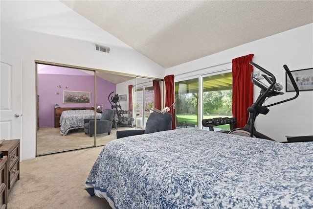 3291 Lemon Dr, Simi Valley, CA 93063 - carpeted bedroom featuring access to outside, vaulted ceiling, and a textured ceiling