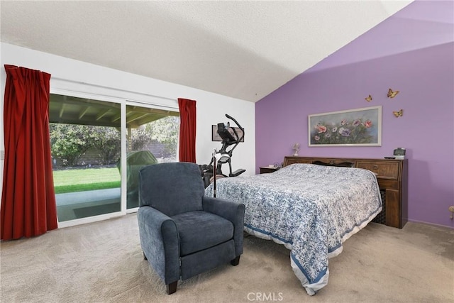 3291 Lemon Dr, Simi Valley, CA 93063 - carpeted bedroom with access to outside, vaulted ceiling, and a textured ceiling