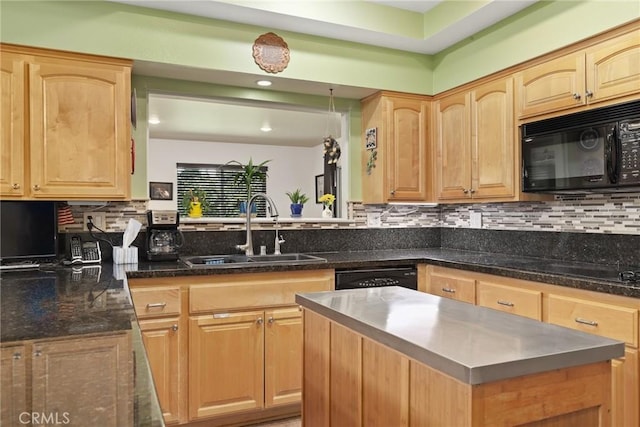 3291 Lemon Dr, Simi Valley, CA 93063 - kitchen with black appliances, a sink, light brown cabinets, tasteful backsplash, and recessed lighting