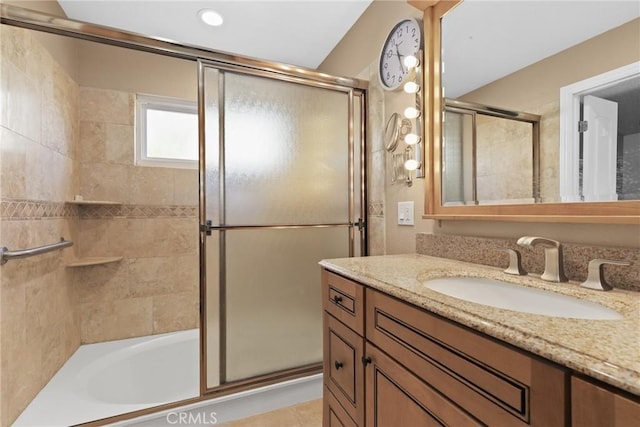 3291 Lemon Dr, Simi Valley, CA 93063 - full bath featuring a shower with door, vanity, and a tub to relax in