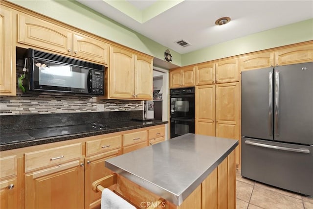 3291 Lemon Dr, Simi Valley, CA 93063 - kitchen featuring black appliances, light brown cabinets, decorative backsplash, light tile patterned floors, and a kitchen island