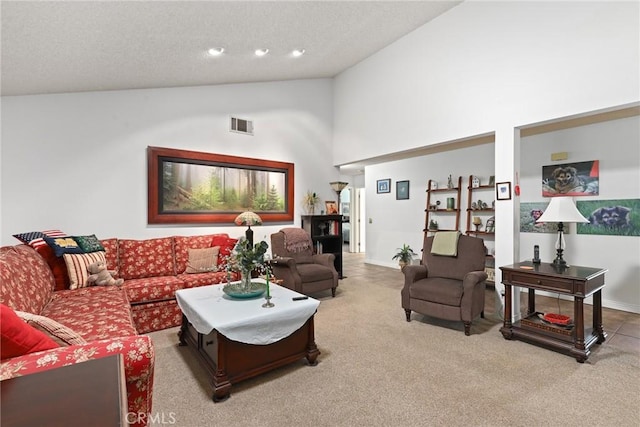 3291 Lemon Dr, Simi Valley, CA 93063 - carpeted living area with vaulted ceiling, baseboards, recessed lighting, and a textured ceiling