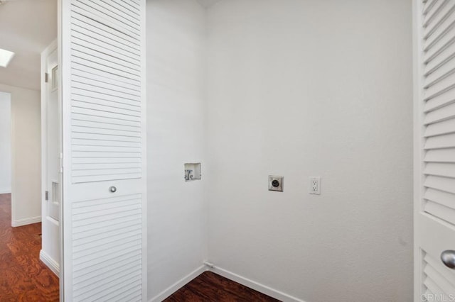 laundry room with washer hookup, laundry area, dark wood-style flooring, electric dryer hookup, and baseboards