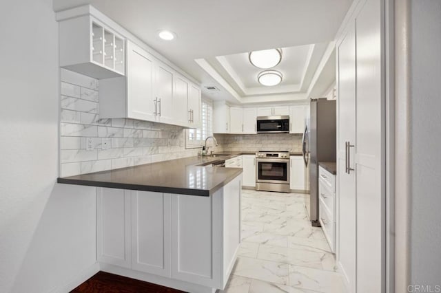 kitchen with white cabinets, a sink, stainless steel appliances, a peninsula, and decorative backsplash