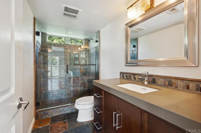 3519 Andrews St, San Diego, CA 92103 - full bathroom with vanity, toilet, a shower stall, and stone finish floors