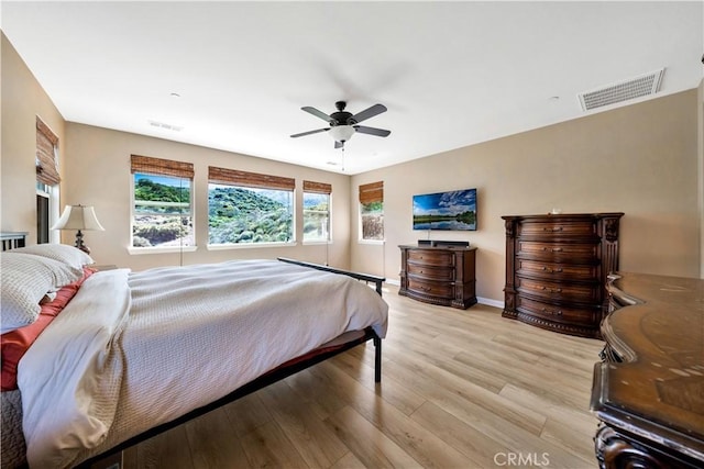 26165 Santiago Canyon Rd, Corona, CA 92883 - bedroom featuring light wood finished floors, baseboards, ceiling fan, and visible vents