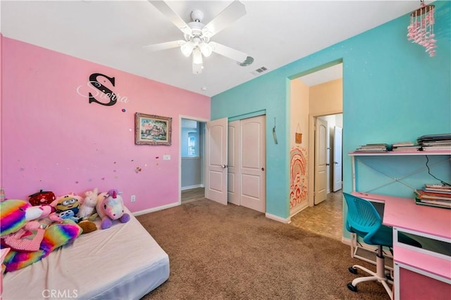 26165 Santiago Canyon Rd, Corona, CA 92883 - bedroom featuring baseboards, carpet flooring, a closet, and visible vents