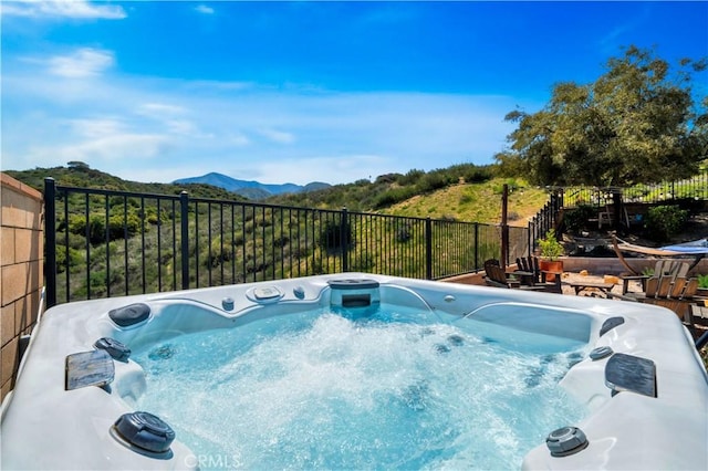 26165 Santiago Canyon Rd, Corona, CA 92883 - view of pool with a mountain view, a hot tub, and fence