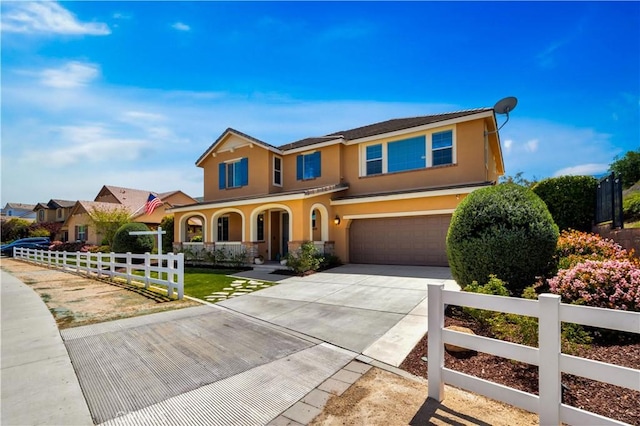 26165 Santiago Canyon Rd, Corona, CA 92883 - mediterranean / spanish-style house with a porch, fence, concrete driveway, a garage, and stucco siding