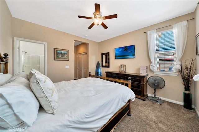 26165 Santiago Canyon Rd, Corona, CA 92883 - carpeted bedroom featuring a closet, ensuite bathroom, baseboards, and ceiling fan