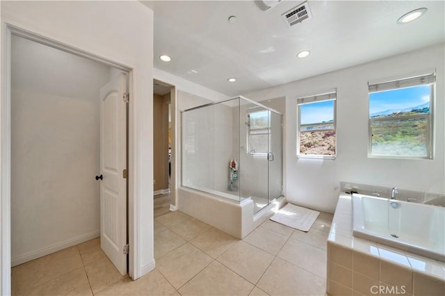 26165 Santiago Canyon Rd, Corona, CA 92883 - full bath with a stall shower, recessed lighting, visible vents, a bath, and tile patterned floors