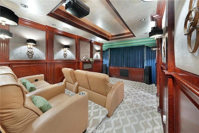 19586 Cloverwood Cir, Huntington Beach, CA 92648 - home theater room with carpet, a decorative wall, a raised ceiling, ornamental molding, and recessed lighting