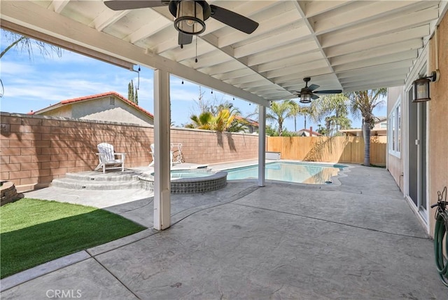 29851 Fox Creek Dr, Menifee, CA 92586 - fenced backyard with a ceiling fan, a patio, and a pool with connected hot tub