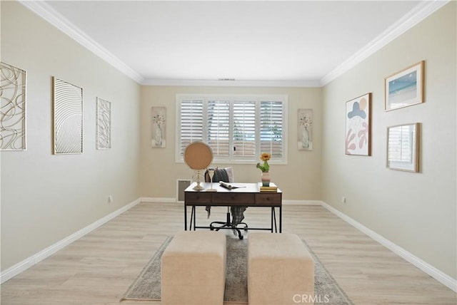 29851 Fox Creek Dr, Menifee, CA 92586 - office area with light wood-style flooring, crown molding, and baseboards