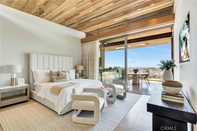 1231 Dolphin, Corona Del Mar, CA 92625 - bedroom featuring floor to ceiling windows, access to outside, and wooden ceiling