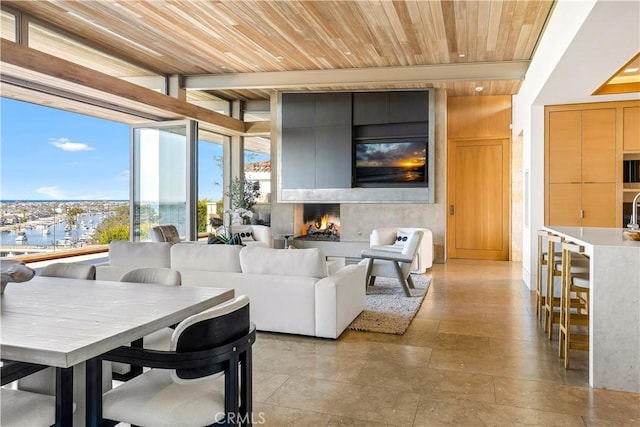 1231 Dolphin, Corona Del Mar, CA 92625 - living room featuring a water view, a large fireplace, wood ceiling, and a wall of windows