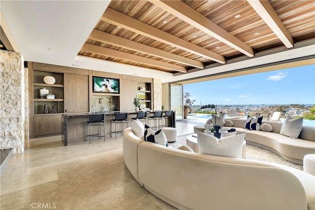 1231 Dolphin, Corona Del Mar, CA 92625 - living area with indoor wet bar, built in features, beam ceiling, and wood ceiling