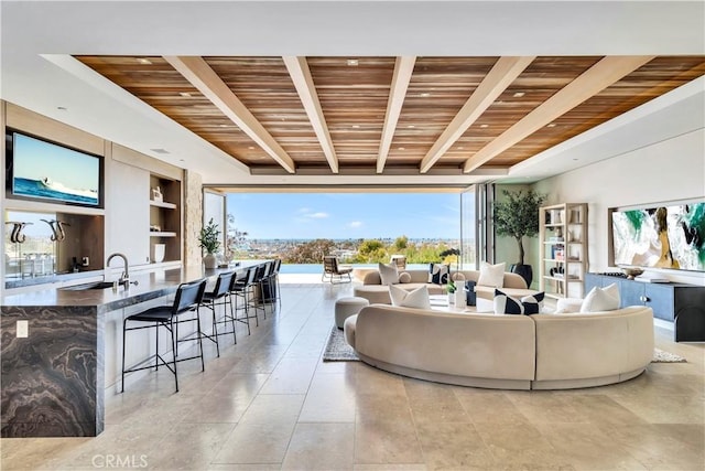 1231 Dolphin, Corona Del Mar, CA 92625 - living area featuring wood ceiling, beamed ceiling, and built in shelves