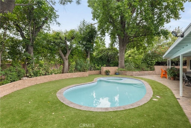 pool with a lawn, a fenced backyard, and a patio area