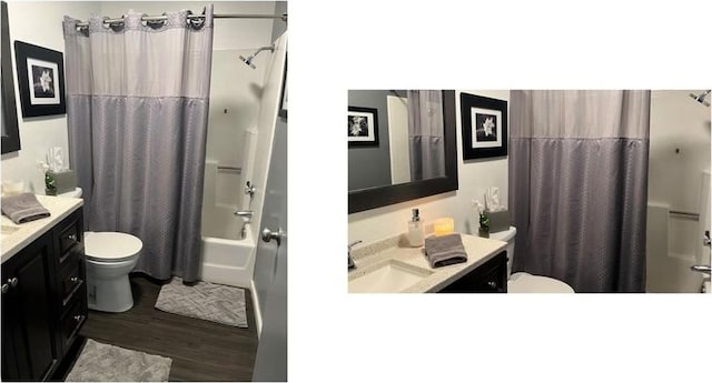 1725 Truman Cir, Placentia, CA 92870 - full bathroom with toilet, vanity, wood finished floors, and shower / bath combo with shower curtain