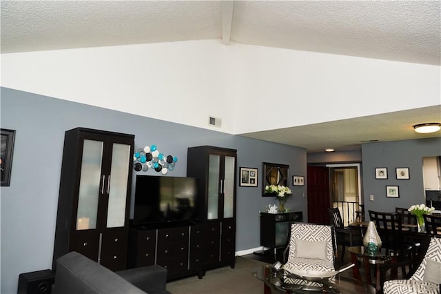 1725 Truman Cir, Placentia, CA 92870 - carpeted living room with high vaulted ceiling, beamed ceiling, and a textured ceiling
