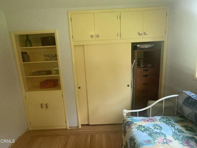 bedroom with wood finished floors and a closet