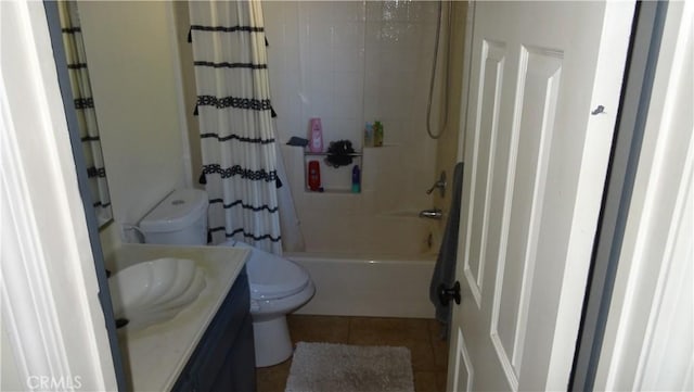 6301 Park Ave, Lake Isabella, CA 93240 - full bathroom with shower / bathtub combination with curtain, toilet, tile patterned flooring, and vanity
