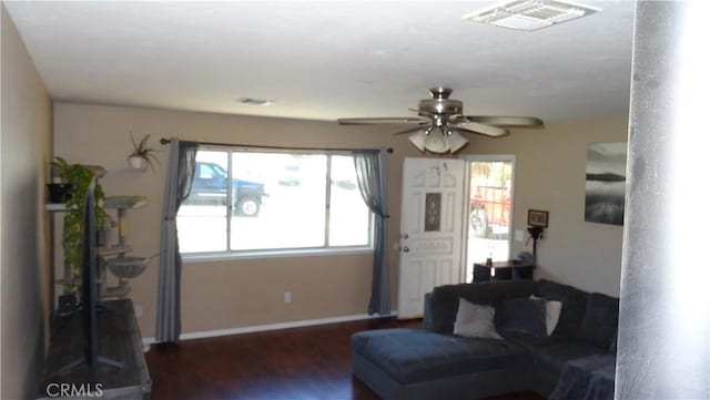 6301 Park Ave, Lake Isabella, CA 93240 - living room featuring plenty of natural light, visible vents, wood finished floors, and a ceiling fan