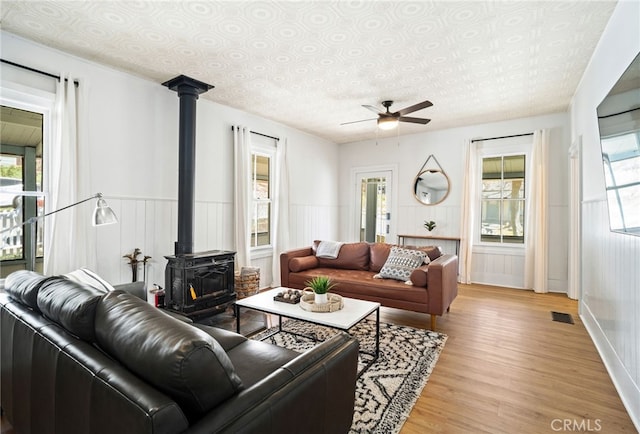 2007 3rd St, Julian, CA 92036 - living room with a wood stove, light wood-style flooring, a ceiling fan, visible vents, and wainscoting