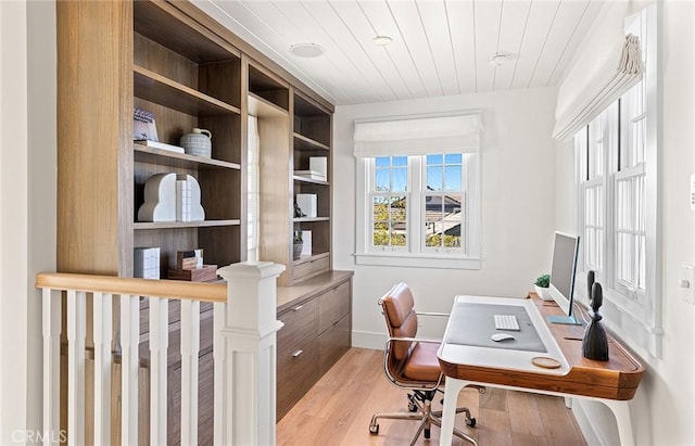 office space featuring wooden ceiling and light wood-type flooring