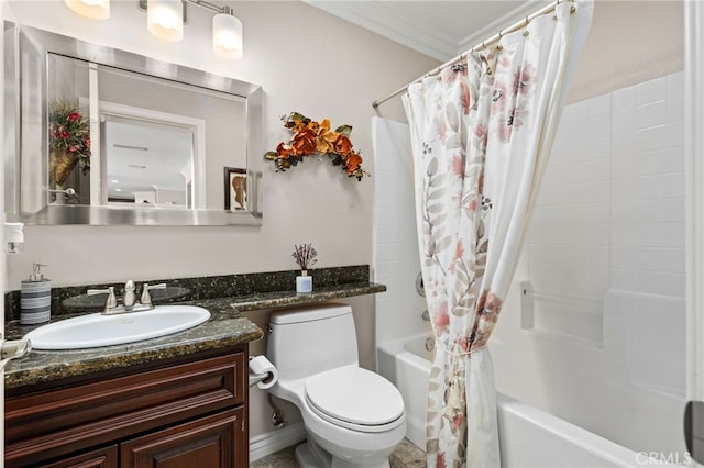 bathroom featuring toilet, shower / bath combo, ornamental molding, and vanity