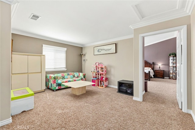 recreation room featuring ornamental molding, visible vents, attic access, and light carpet