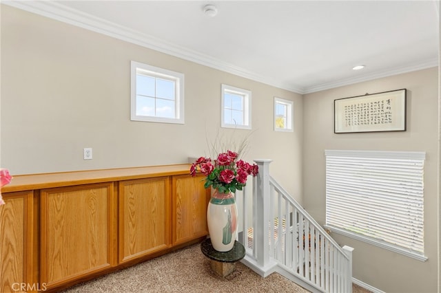 interior space featuring light carpet, an upstairs landing, and ornamental molding