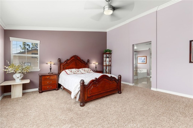 carpeted bedroom featuring a ceiling fan, ornamental molding, connected bathroom, and baseboards
