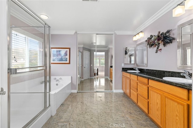 full bath featuring double vanity, a sink, a garden tub, and crown molding