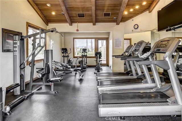 gym with recessed lighting, wooden ceiling, lofted ceiling, and visible vents