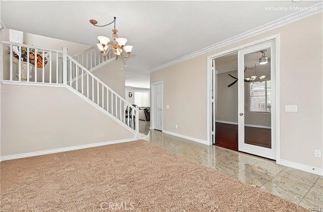 unfurnished living room featuring an inviting chandelier, crown molding, baseboards, and stairs
