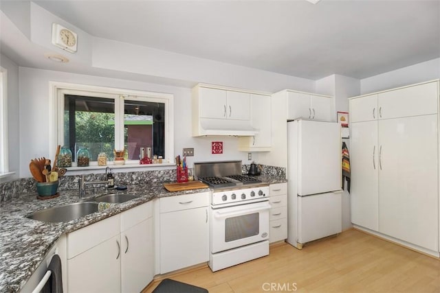 4365 Alta Vista Dr, Riverside, CA 92506 - kitchen featuring white appliances, under cabinet range hood, a sink, light wood-style floors, and dark stone counters