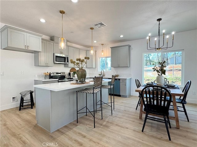 kitchen featuring light wood-style floors, gray cabinets, stainless steel appliances, and visible vents