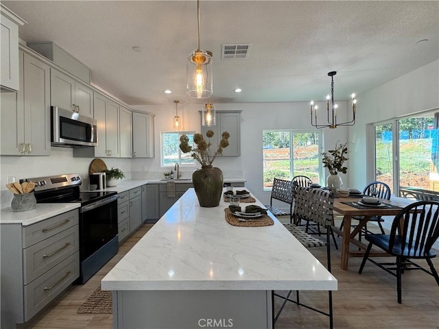 kitchen featuring appliances with stainless steel finishes, a wealth of natural light, gray cabinets, and visible vents