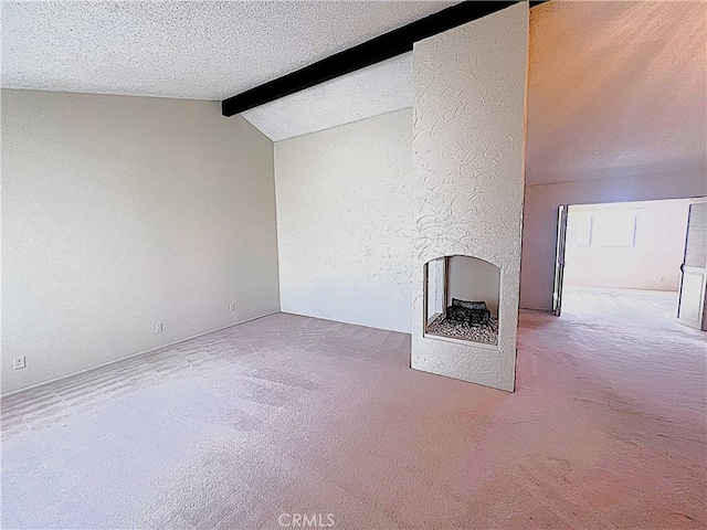 4971 W Gilman St, Banning, CA 92220 - unfurnished living room with carpet floors, a multi sided fireplace, and a textured ceiling