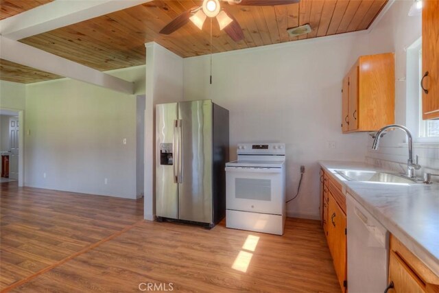 kitchen featuring wood ceiling, light wood-type flooring, a sink, and white appliances