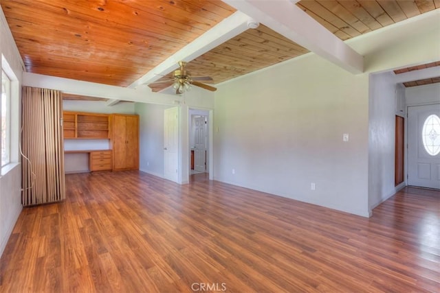 unfurnished living room featuring built in desk, wooden ceiling, ceiling fan, and wood finished floors